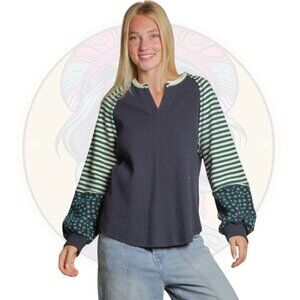 14C Floral Stripe Balloon Sleeve Knit Top Blue Green